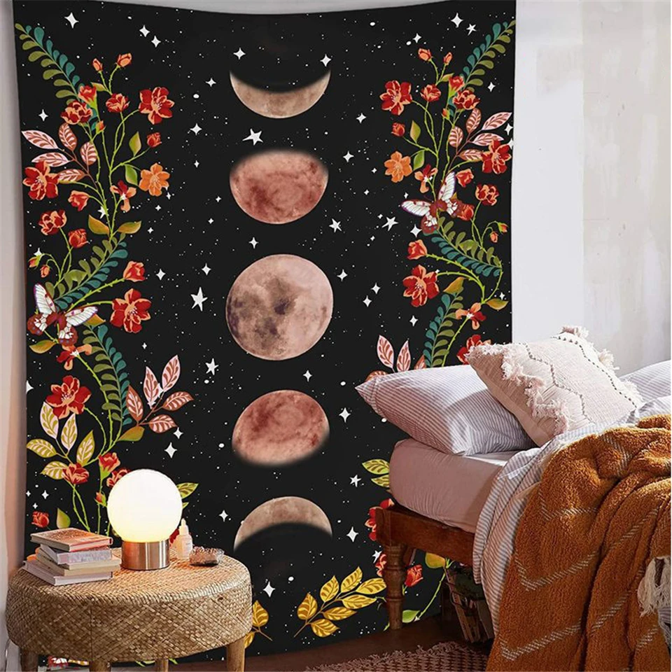 

Floral Bohemian Decor Wall Tapestry Moon Starry Psychedelic Hippie Hanging Wall Tapestries Art Boho Dorm Farmhouse Wall Blanket