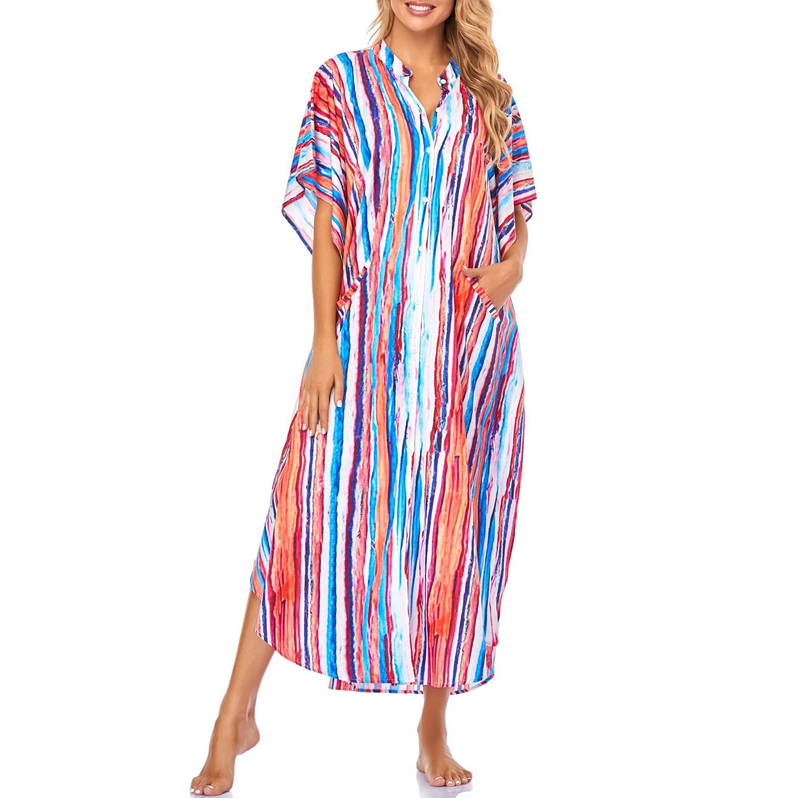 Женская Длинная накидка на купальник привлекательное Платье макси с пуговицами V