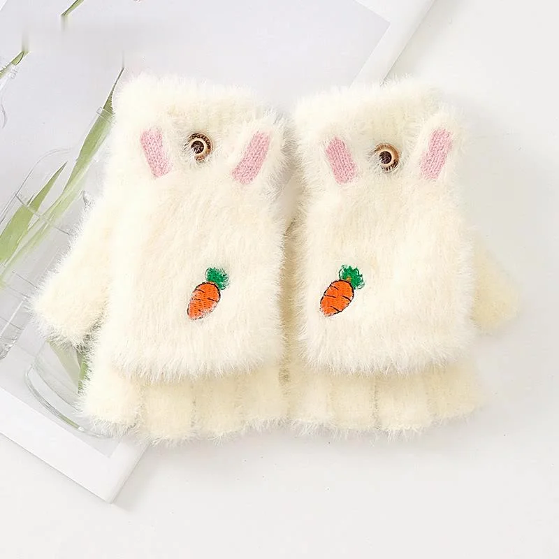 

All-match youthful cute girl cartoon carrot clamshell gloves winter plush warm rabbit ears plush writing girl half-finger gloves