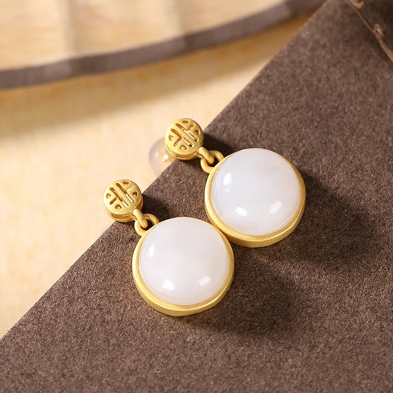 

JoyceJelly 925 Silver Drop Earrings for Women Jewelry Red Agate Nephrite Gold Color Lady Retro Style New Earrings Gifts Wholesal