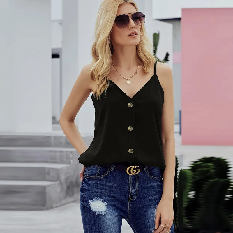 

Camisole bottoming tank tops female summer inside and outside wear loose solid color row button design backless camisole tops