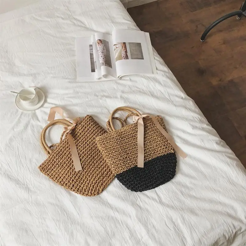 Вязаная сумочка пляжная сумка на плечо Женская тканая соломенная с бантом из