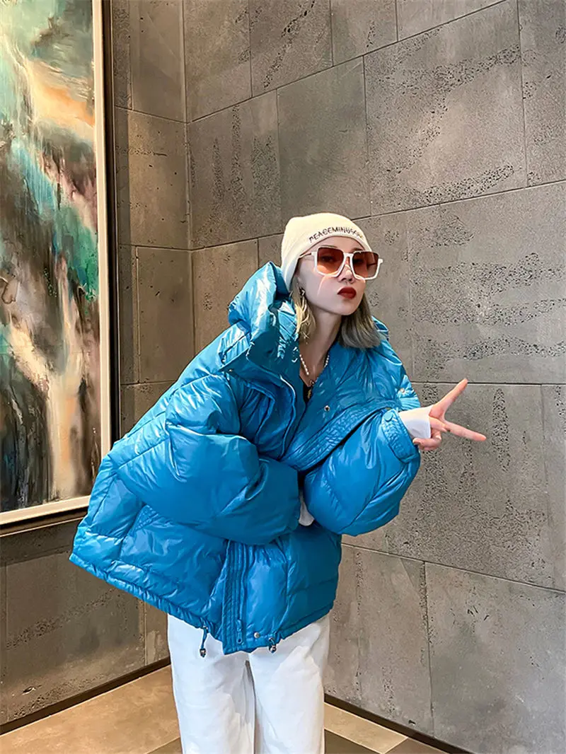 Korean Winter Parkas 2021 New Trendy Loose Straight Hit Color  Puffer Jacket Zipper Hooded Short Cotton Coat Wild Clothing M1152
