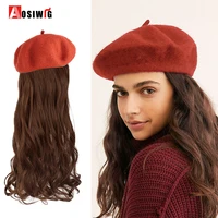 aosiwig long wavy black brown synthetic wig for women beret hat with hair fashion new autumn winter cap wig hair extensions