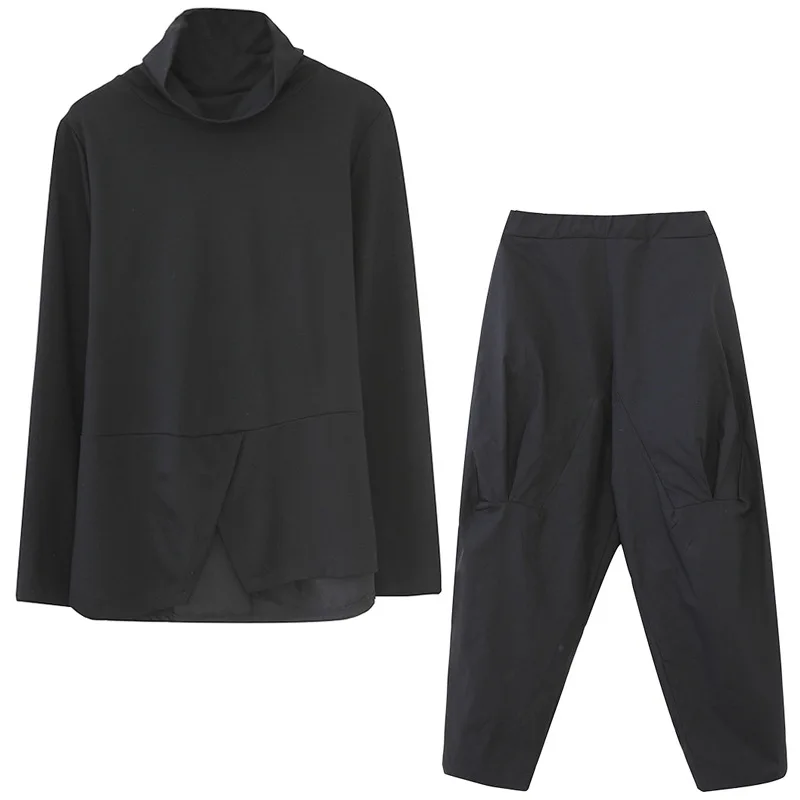 

IEQJ 2021 Spring Autumn New Pattern Stand Long Sleeve Solid Black Patchwork Two Piece Set Women Large Size 3AJ97501