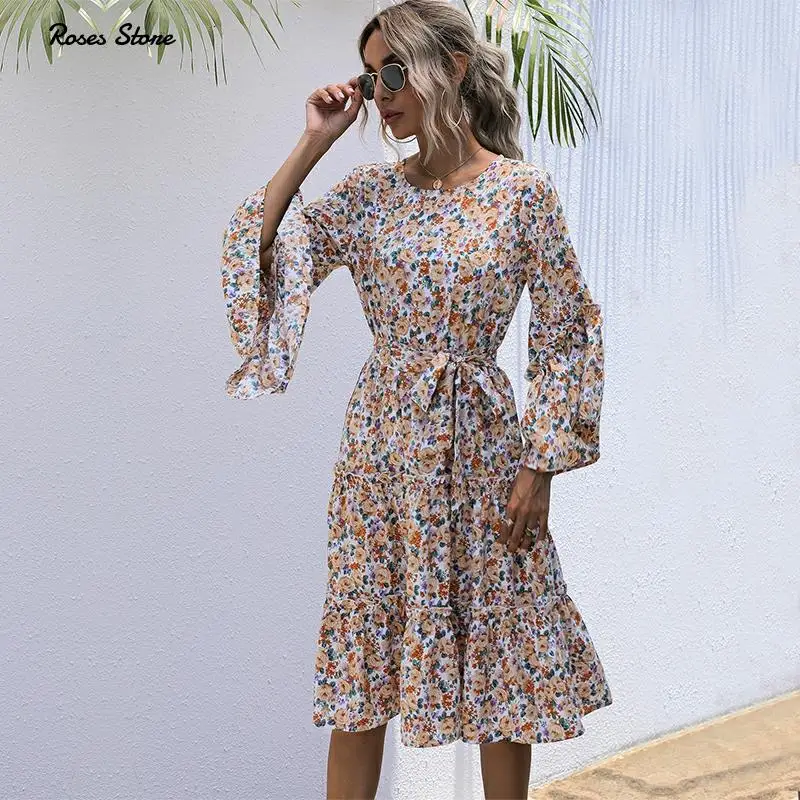 

Long Sleeve Midi Dress Autumn 2020 Women Flower Print Aesthetic Clothes Boho Office Holiday Black Elegant O Neck Dresses XL New