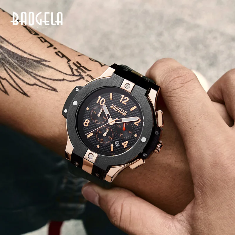 BAOGELA marque hommes montre Quartz ou bande caoutchouc 3ATM résistant A l'eau chronographe 1909|Кварцевые мужские часы| |