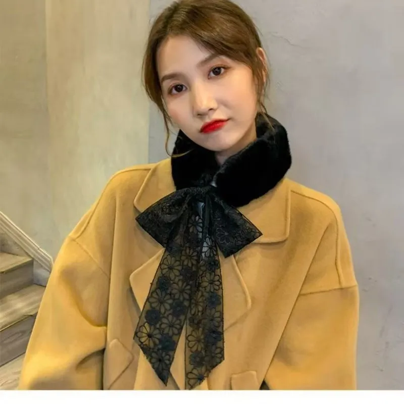 Бежевый корейский кружевной модный осенне-зимний женский пушистый плюшевый шарф