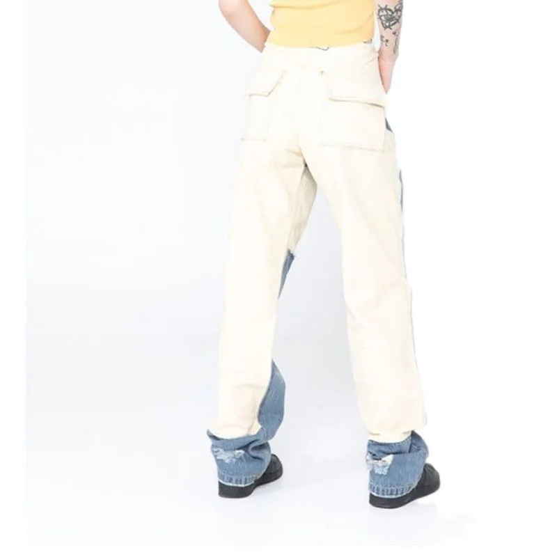 

SEVEYFAN Men's High Waist Patchwork Ripped Jeans Embroidery Love Straight Denim Pants Streetwear Beggar Trousers