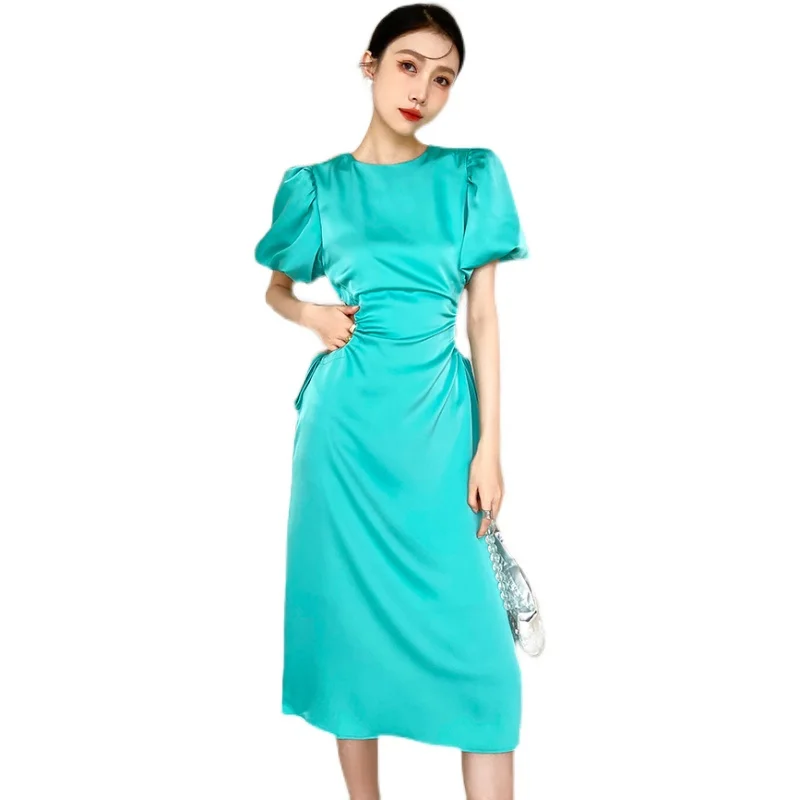 

Summer Vintage Puff Sleeve O-neck Women Elegant Dress Fashion Sexy Hollow Out High Street A-line Solid Party Dress Vestidos