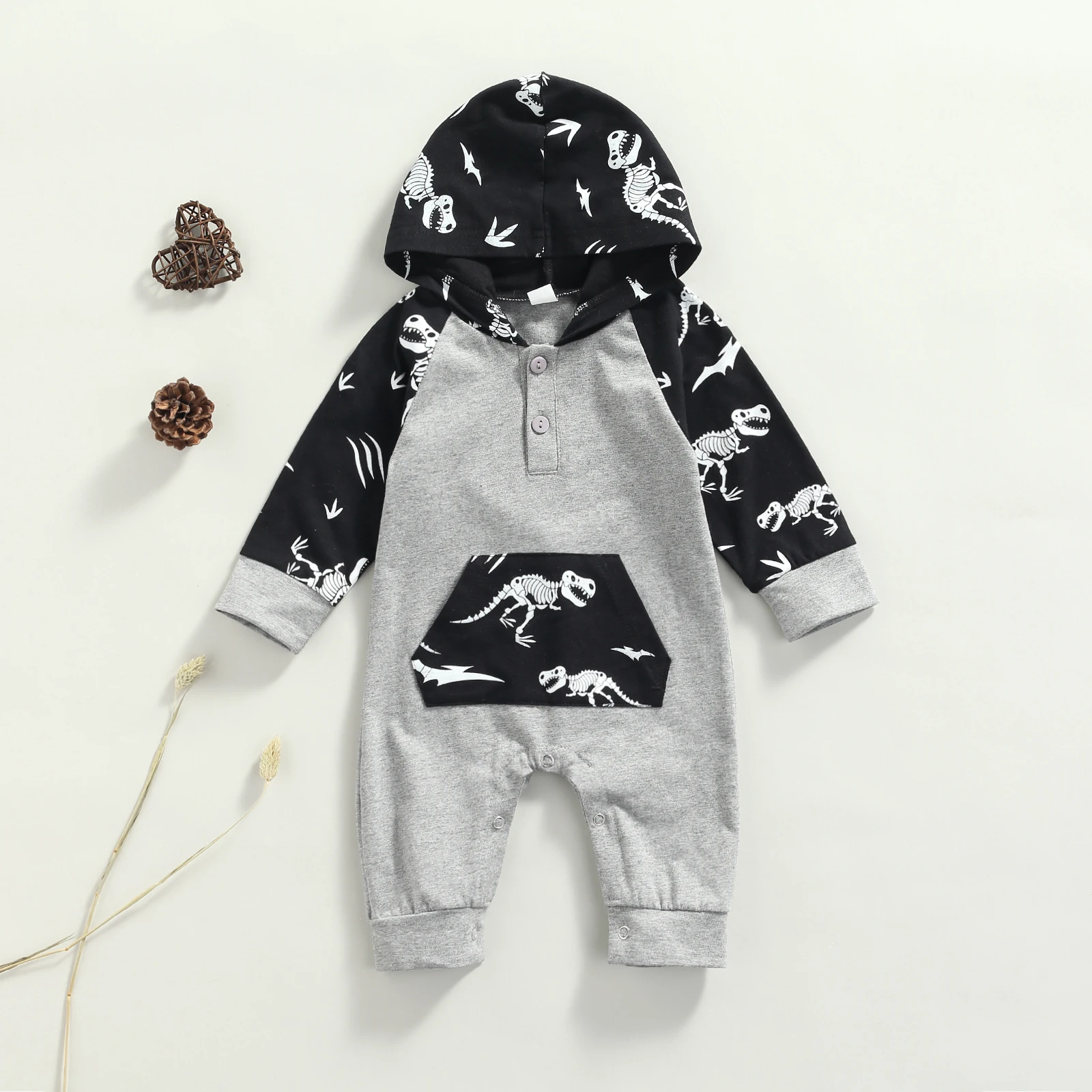 

0-12 Months Infant Full Sleeve Toddler Hooded Jumpsuit with Dinosaur Cartoon Animal Print Loose Fit Casual Style Spring Clothing