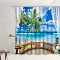 ocean scenery shower curtain beach tropical plant palm tree green leaf living room bathroom decor screen set with hooks washable