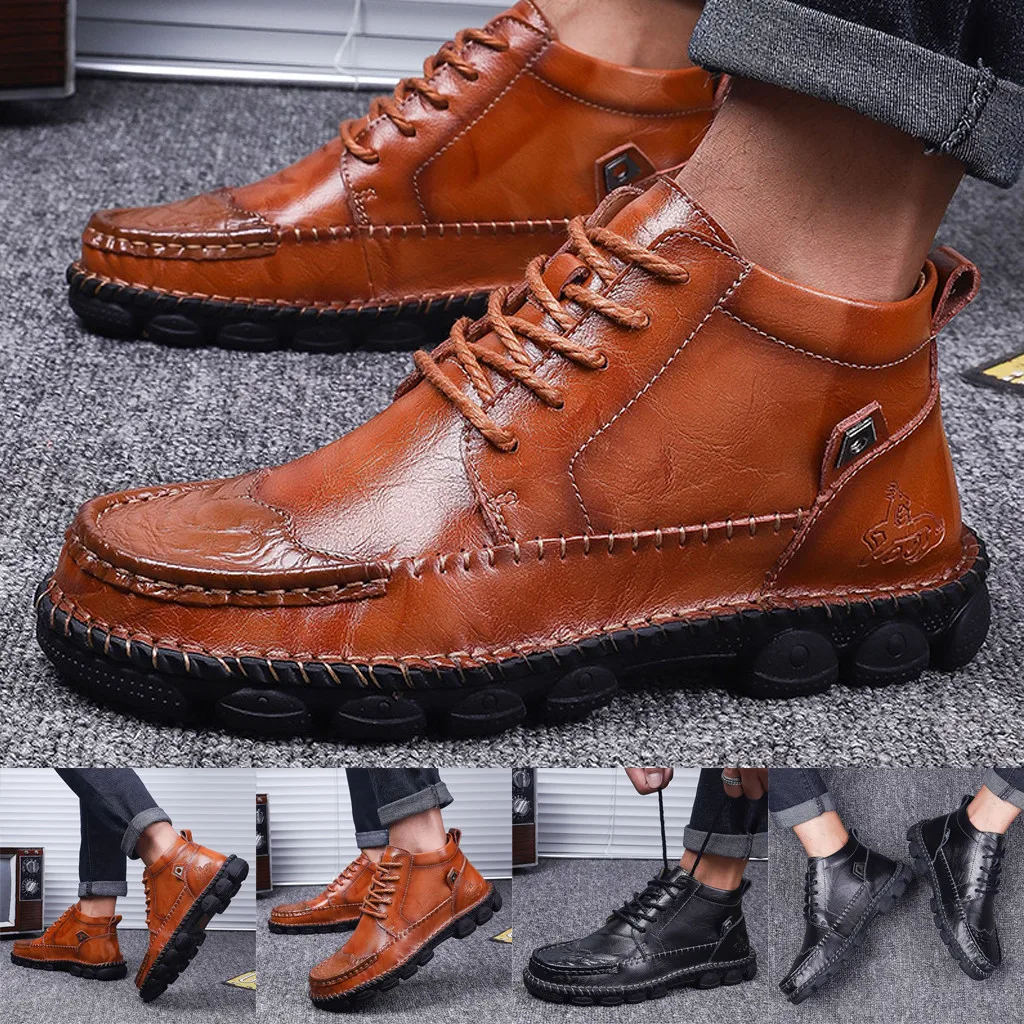 

SAGACE Men's casual lace ankle boots leather fashion flat business shoes round head non-slip high-top leather men's shoes