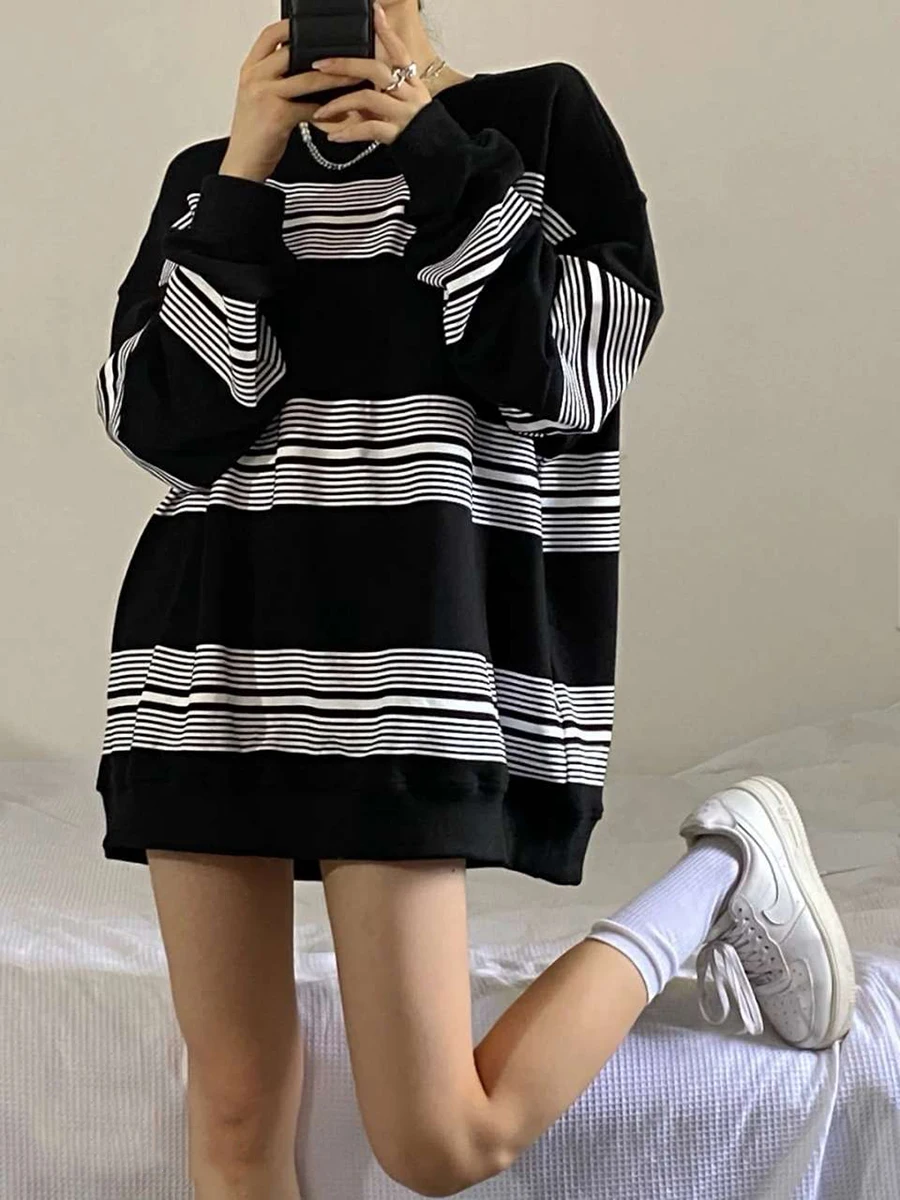 

Осенний женский винтажный свитшот в черно-белую полоску с круглым вырезом и длинными рукавами свободные топы корейские универсальные модн...