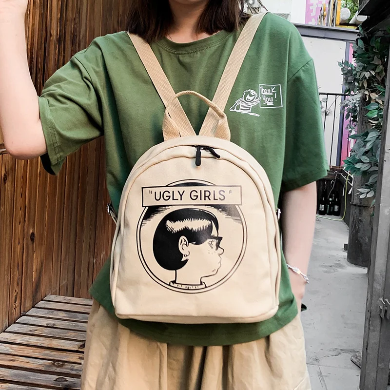 

Women Small Canvas Backpack "Ugly Girls" Print Purse Eco Simple Cotton Fabric Shoulder Bag Mini Travel Bags Backpack for Ladies