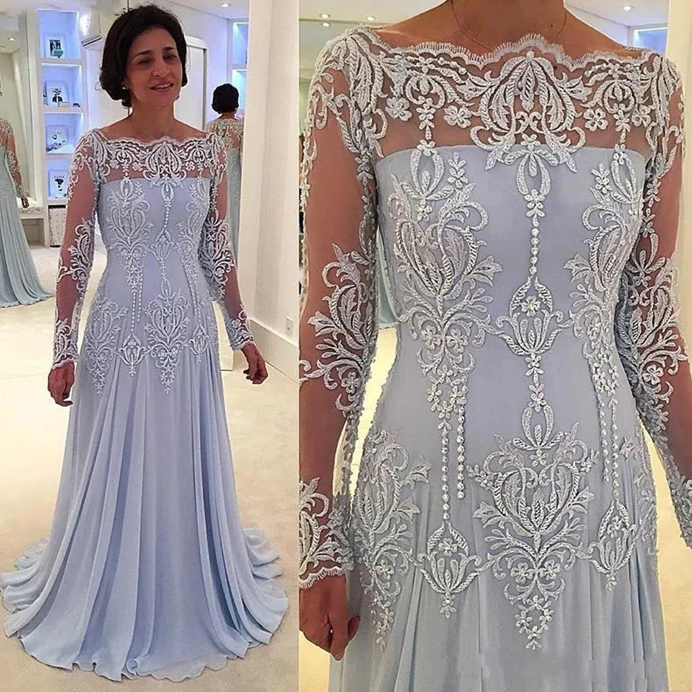

Sexy Mother Of The Bride Dresses Chiffon Appliques Pleat Square Collar Zipper Full Sleeve A-Line Gowns Novia Do 2021 Blue