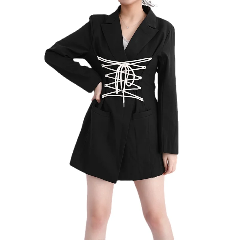 

Women Black Brief Bandage Temperament Blazers Women's New Lapel Long Sleeve Loose Fit Jacket Fashion Spring Autumn 2021 Blazer
