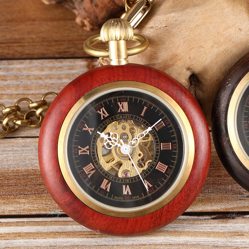 Круглые Деревянные Механические карманные часы роскошные красные черные