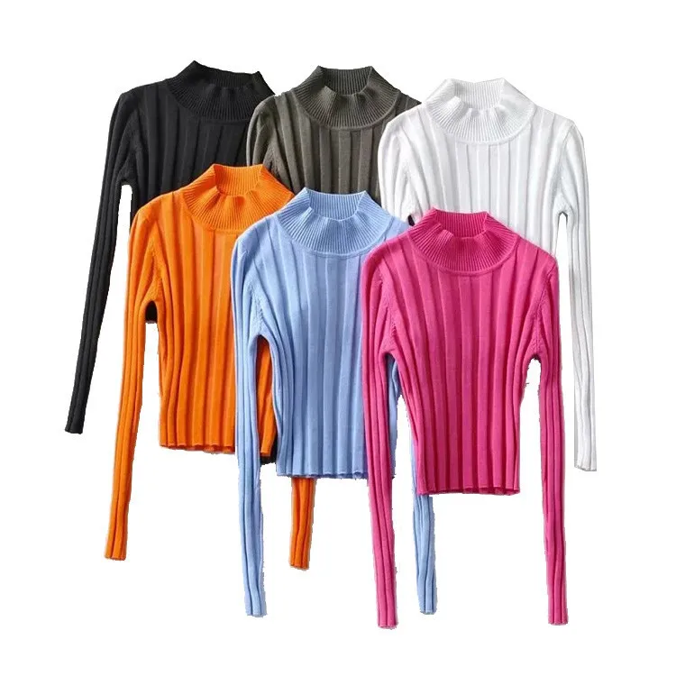 

Femele urtleneck Sweaters Sexy Navel Bare Cropped Tops Women Autumn Winter Ribbed Lady Knitted Pullovers Short Solid Sweaters