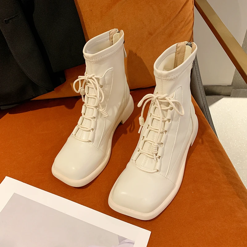 

Ботильоны женские из искусственной кожи, на низком каблуке, с квадратным носком, на шнуровке, повседневные, 2021