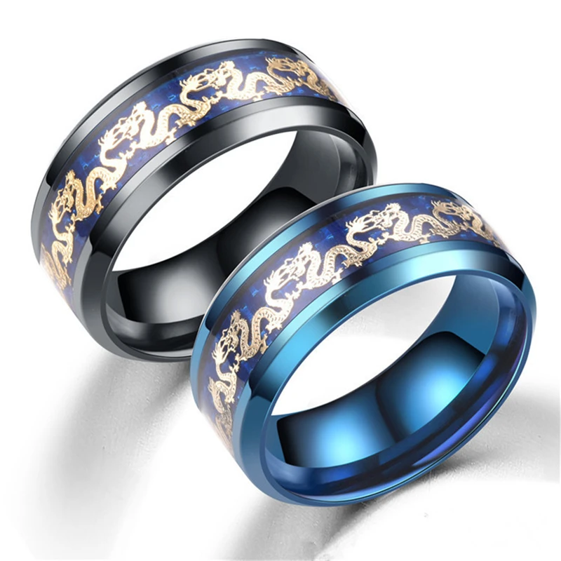 

Vintage Stainless Steel Wedding Ring For Men Punk Dragon Ring Blue Black Color Fiber Ring
