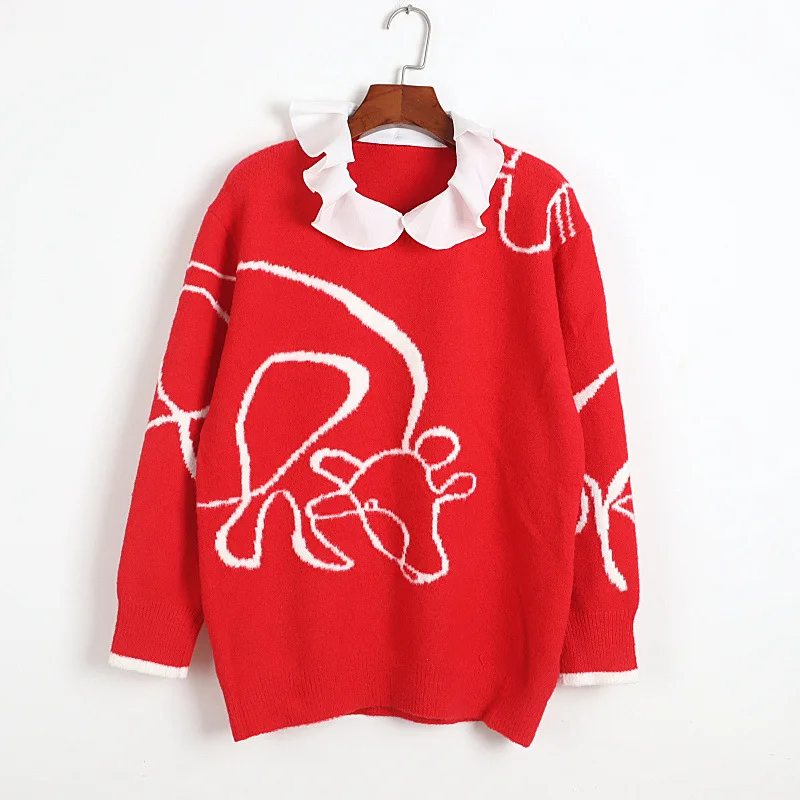 

2021 Spring Sweater Pullover Flora Red Sweater Womens High Quality Kint Sweater