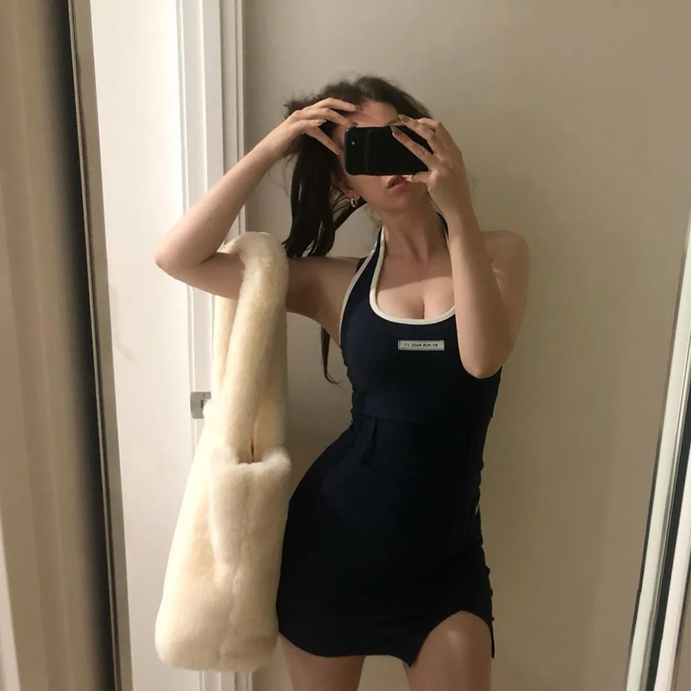 

Women’s Sexy Halter Split Skinny Dress Fashion Letter Label Backless High Waist Short Dress