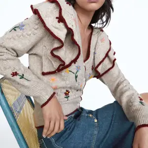 Винтажный Трикотажный свитер с V-образным вырезом и оборками, женская модная облегающая кофта с длинным рукавом и принтом, Европейский кардиган, свитер, повседневные свободные шикарные топы 2020