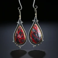 retro silver color inlaid with red stones dangle earrings for women vintage jewelry unique drop shaped personality earrings