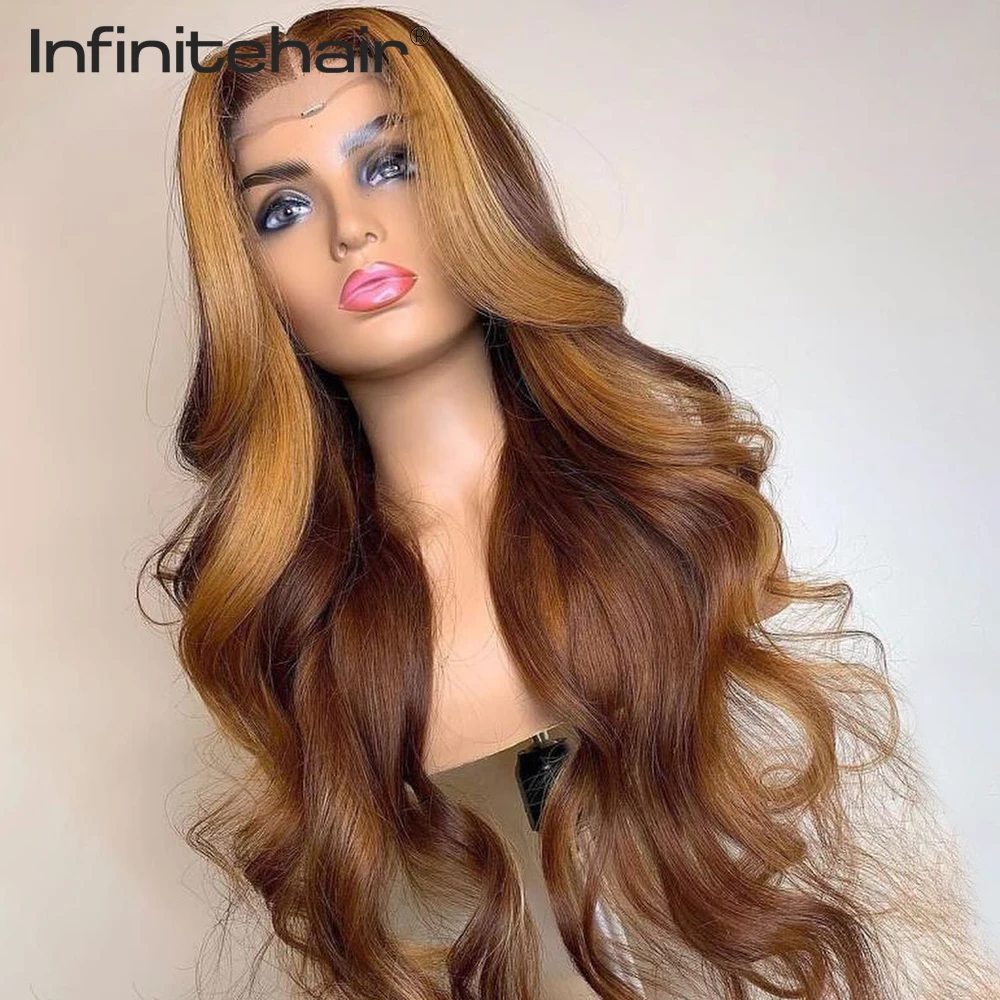 Highlight Body Wave Preplucked Colored 13*1 T Part Lace Front Human Hair Wigs 4/27 Ombre Honey Blonde Brazilian Virgin Hair Wig