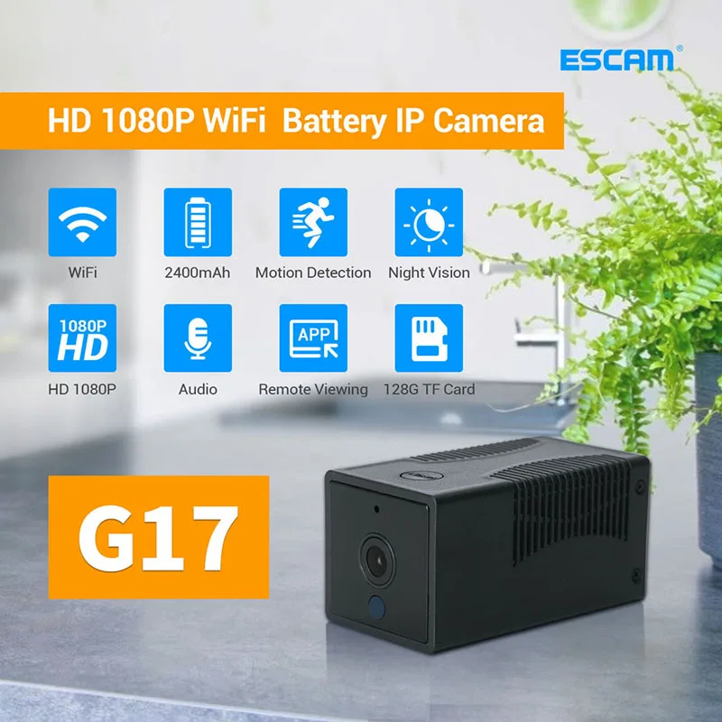 

ESCAM G17 2MP HD 1080P Mini WIFI IP Camera Smart Night Vision Motion Detection WIFI Lithium Battery Power Two-way Voice Camera