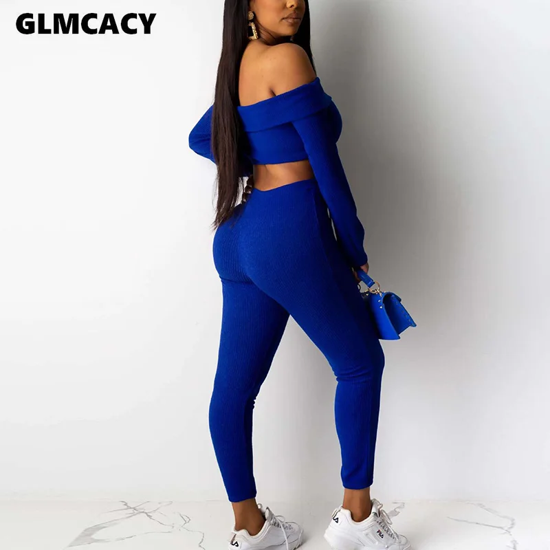 Женский укороченный топ с открытыми плечами + брюки костюмы длинным рукавом и