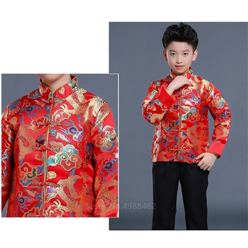 

2021 Children Boy Girl Chinese New Year Clothes Traditional Dragon Embroidery Tang Suit Kids Stage Party Festival Oriental Hanfu