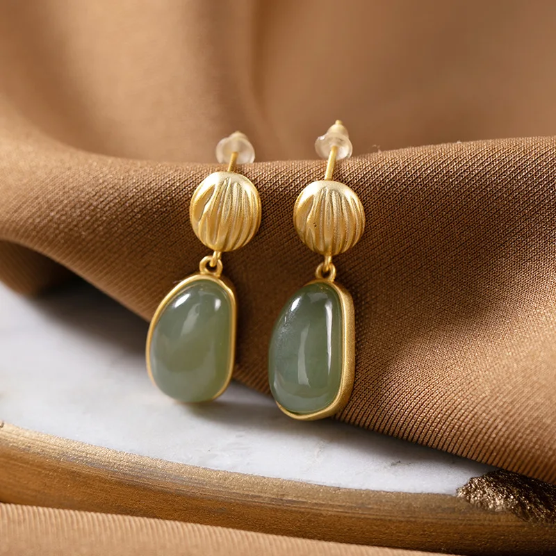

Natural 925 sterling silver gilded inlaid hetian white jade cyan jade earrings jewelry simple individuality for women earings