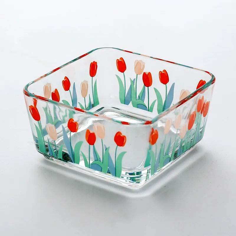 

Korean Ins Wind Tulip Flower Glass Bowl Square Bowl Snack Bowl Snack Snack Bowl Tulip Flower Salad Bowl Kitchen Utensils