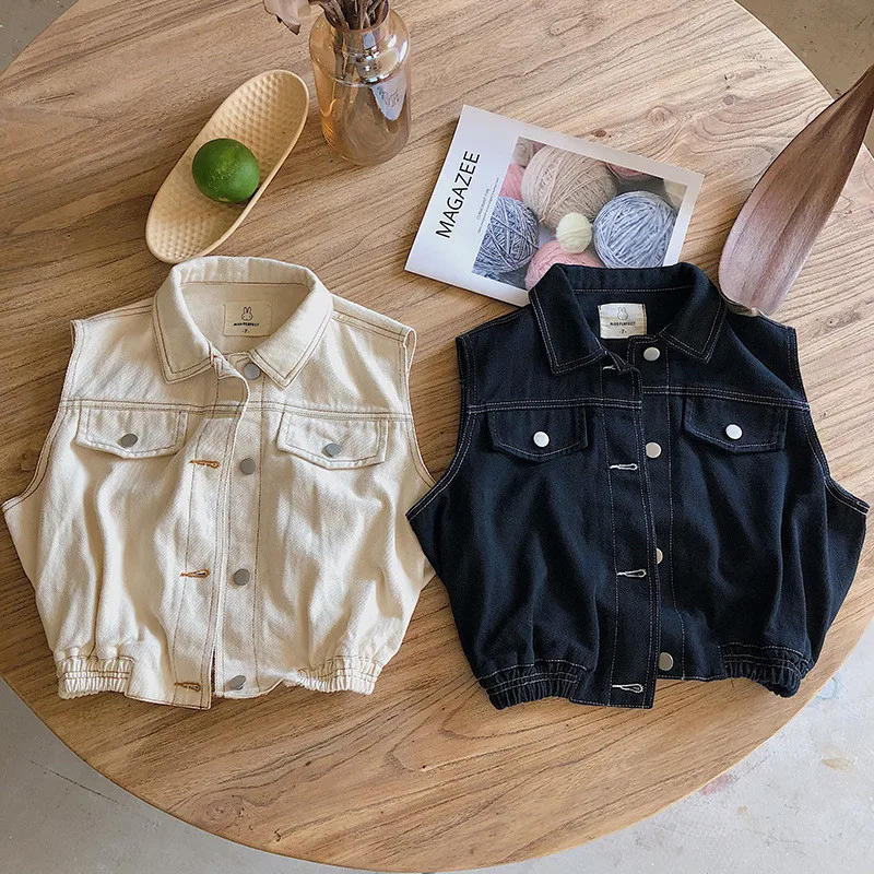 Детский джинсовый жилет однобортный с воротником лацканами в Корейском стиле