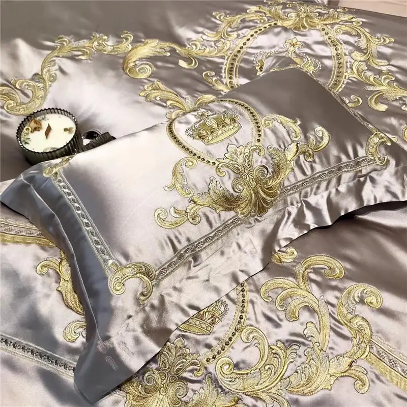 

34Luxury European style 100% silk cotton Royal embroidery Bedding Set Duvet Cover Bed sheet Pillowcases King Queen Size 4/7pcs