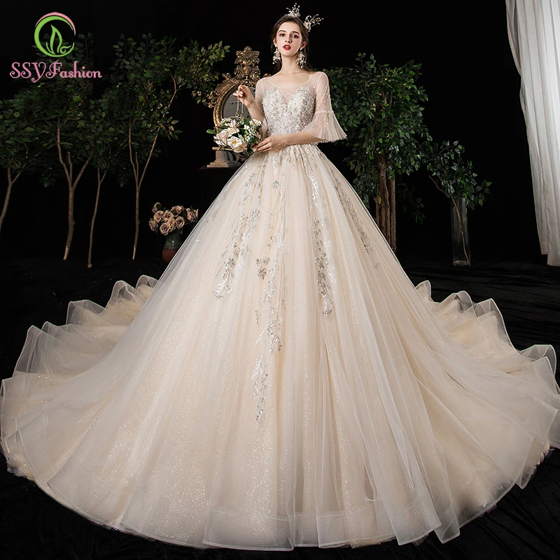 

SSYFashion New Luxry Princess Bride Wedding Dress Scoop Court Train Half Sleeve Sequins Beading Wedding Gown Vestidos De Novia