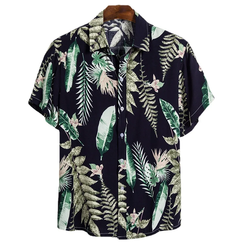 Рубашка мужская с принтом листьев Повседневная пляжная майка на пуговицах