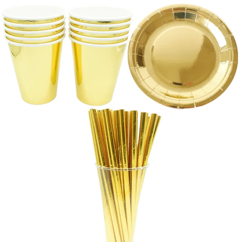 

Одноразовая посуда из золотой бумаги, бумажные тарелки на Рождество, день рождения, чашки, товары для карнавальных вечеринок, пластиковые с...