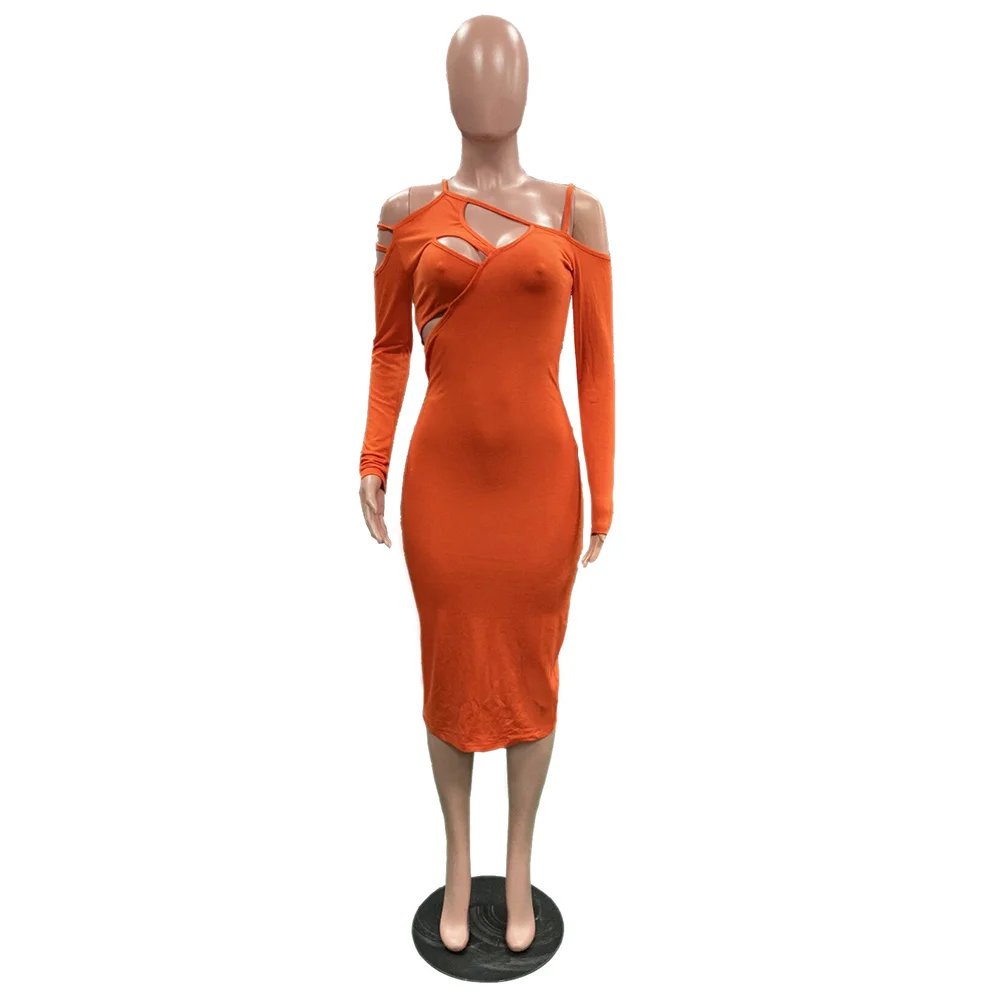 

Hollow Out Asymmetrical Neck Women Bandage Dress Sexy Solid Full Sleeve Backless Split Pencil Dresses Fashion Slim Fit Vestidos