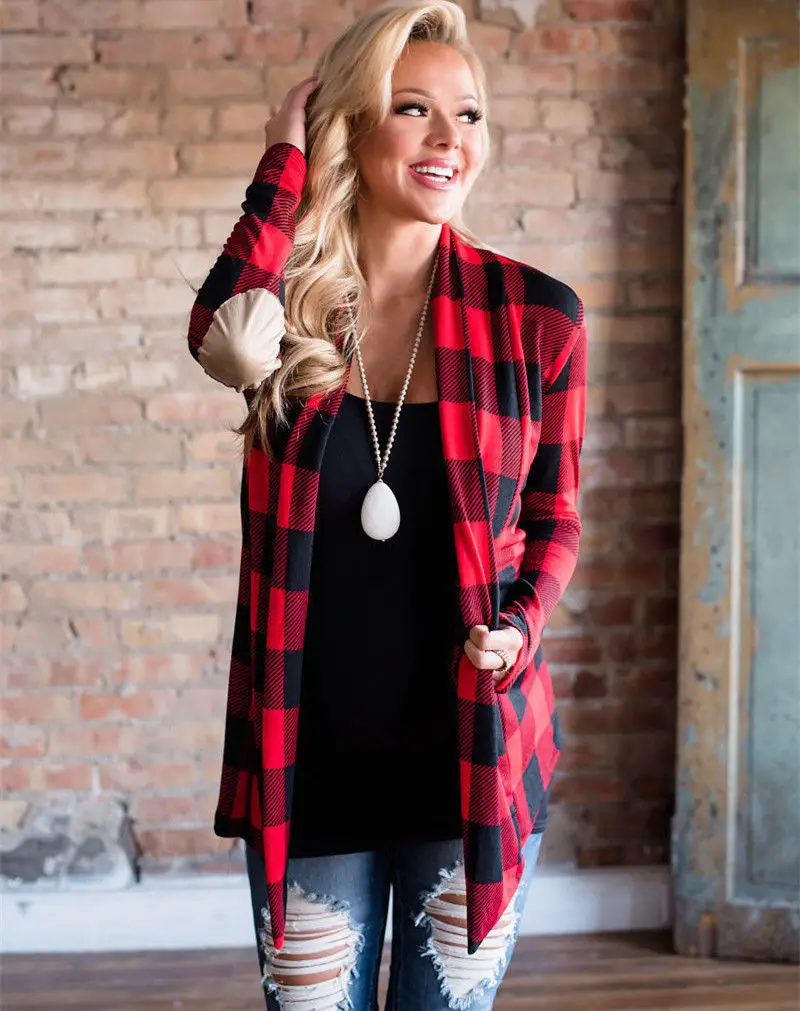 

Autumn Lady Women Plaid Cardigan Coat Long Sleeve Loose Knitted Outwear Jacket Coat Tops Casual Clothing Jackets