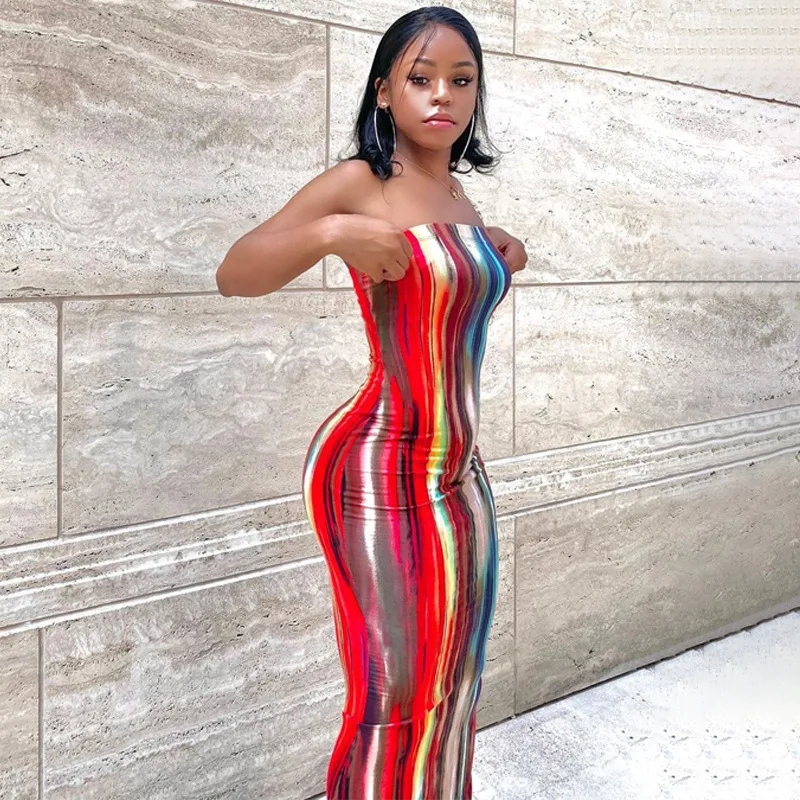 

2021 New Arrival Women Summer Strapless Dress Female Sexy Midi Sleeveless Off Shoulder Dress Girls Tie Dye Print Clothes Outfits