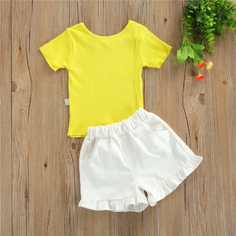 

2Pcs Summer Baby Girls Clothes Set,2-6Years Children Girls Breathable Solid Color O-Neck Short Sleeve Ribbed Tops+Ruffled Shorts