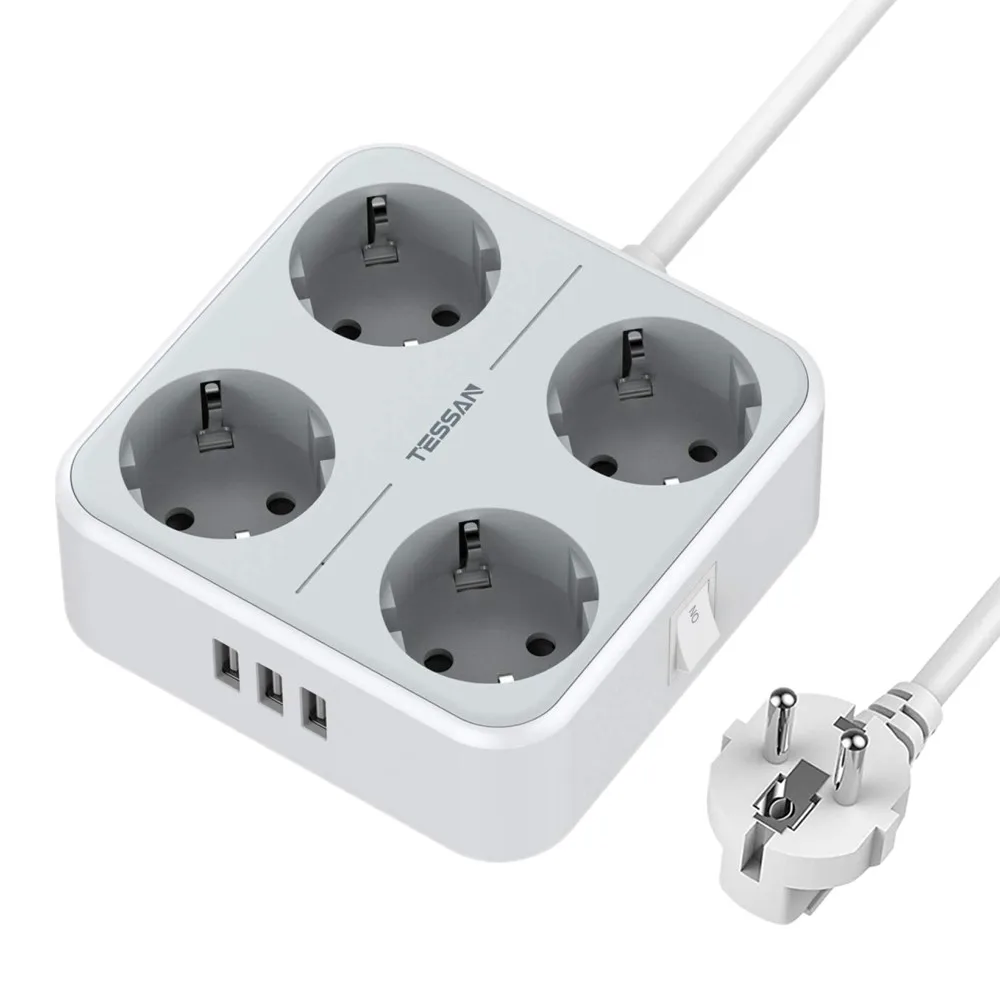

TESSAN EU Plug Power Strip 2M Cable Multiple Electric Extension Socket With 4 Outlets 3 USB Charging Ports Overload Protection