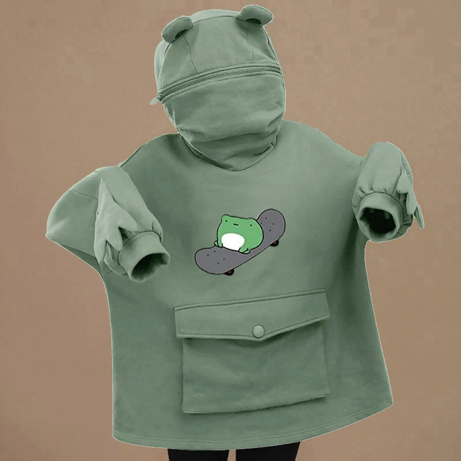 

Womens Teen Girls Cute Frogs Skateboarding Pattern Hoodies Frogs Shaped Zipper Mouth Hooded Pullover Sweatshirt Sudaderas A40