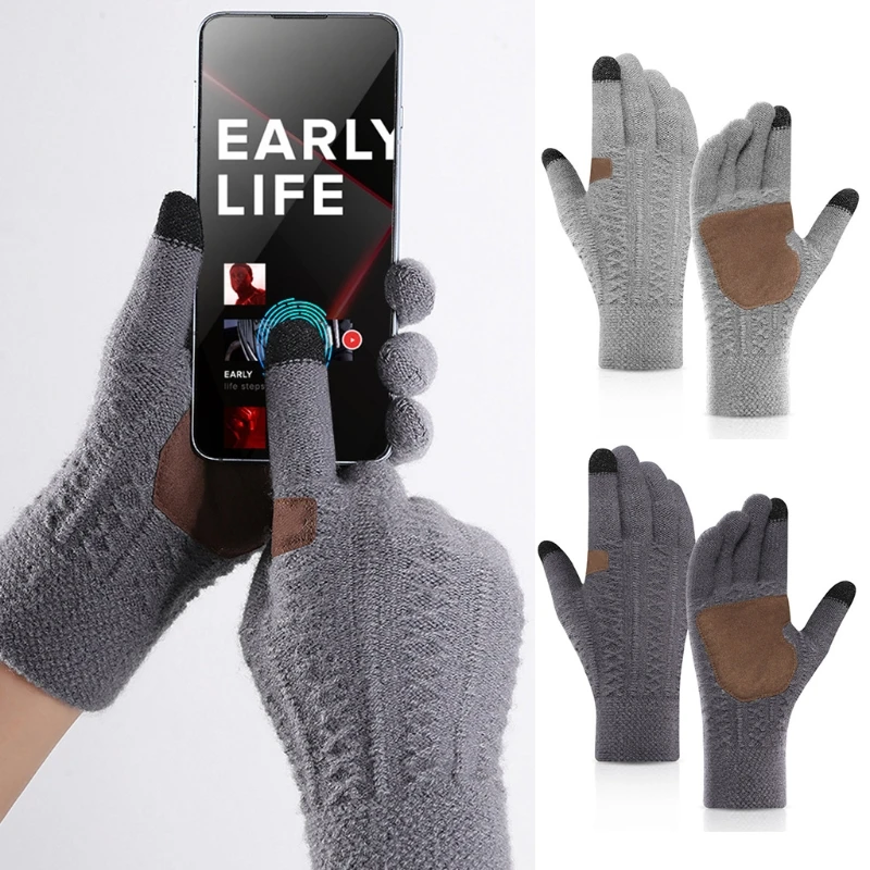 

Mens Winter Knitted Touchscreen Gloves Thermal Warm Thick Faux Fleece Lining Anti-Slip Palm Outdoor Driving Mittens