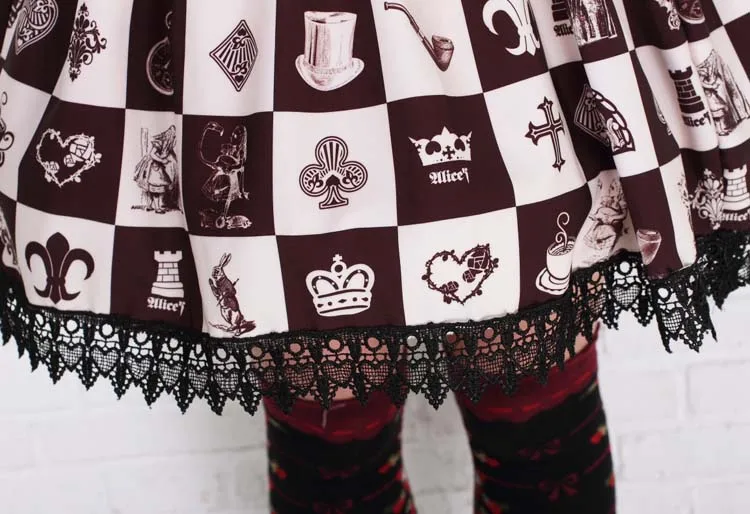 Lolita princess skirt Sweet Alice in wonderland chess poker print plaid pleated gentlewomen elastic waist lady skirts | Женская одежда