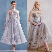 Vestido elegante de manga larga con cuello alto para niña, prenda de tul con apliques para la espalda al colegio, Vestido largo de té para mujer, fiesta de graduación (2)