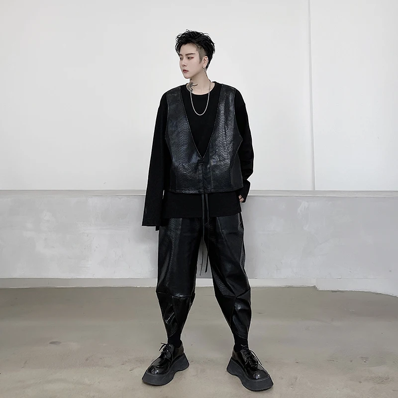 

Male Streetwear Hip Hop Punk Gothic Hoodie Sweatshirt Men Snakeskin Pattern leather Vest Splice Long Sleeve Pullover Sweatshirt